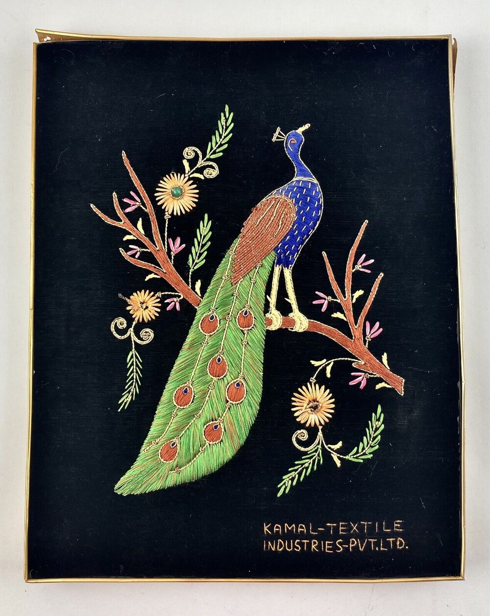 Vintage Peacock Embroidery Wall Art Framed Handmade Velvet Kamal Textile Branch